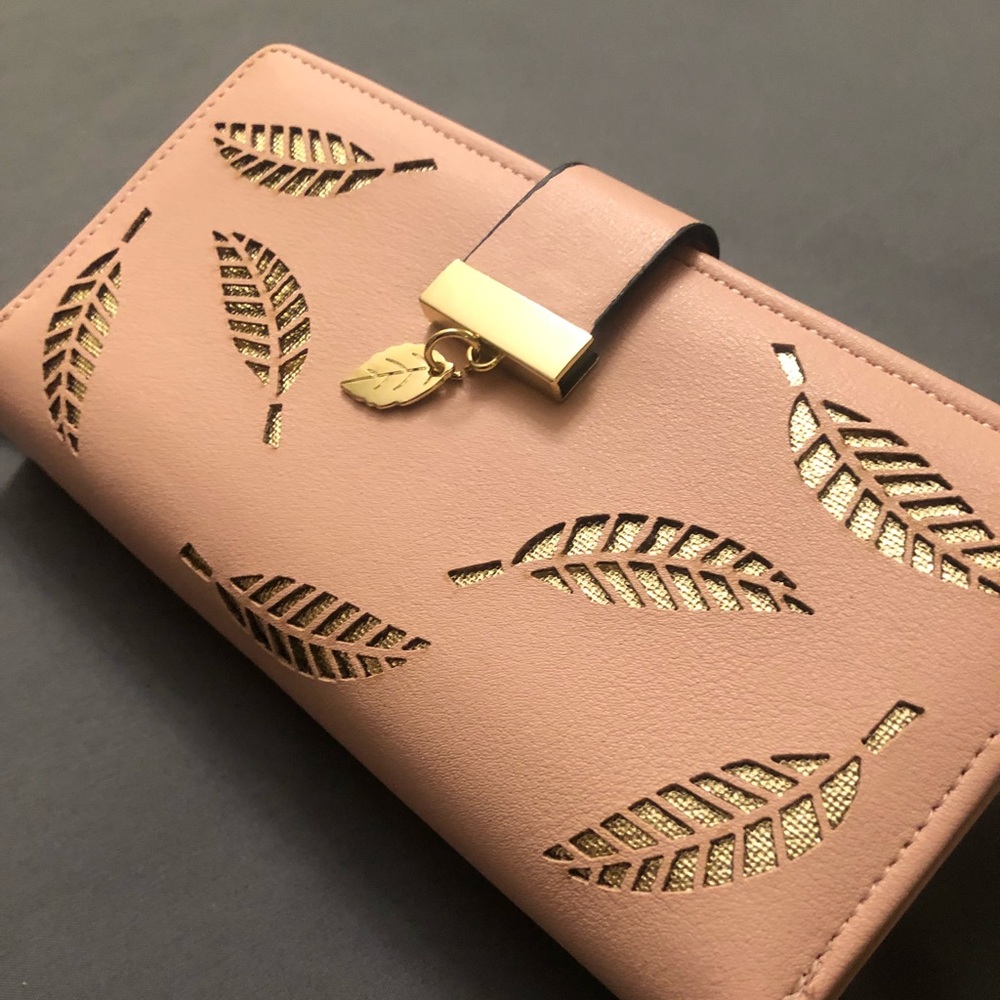 Pink Gold Feathers Women's Wallet Clutch Purse